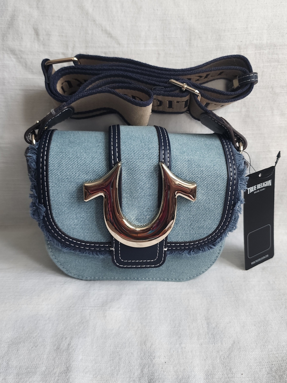 True Religion Light Blue Denim Crossbody Bag with Gold Hardware